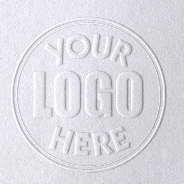 May include: White embossed circle with the text "YOUR LOGO HERE" in a white, raised font.