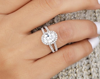2CT Oval Cut Lab Diamond Ring, Oval Lab Grown Diamond Halo Ring, Oval Cut Split Shank Halo Engagement Ring, 14K/18K White Gold Women's Ring
