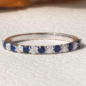 September Birthstone Blue Sapphire Half Eternity Band Shared Prong Alternating Diamond Matching Anniversary Band Custom 950 Platinum Rings