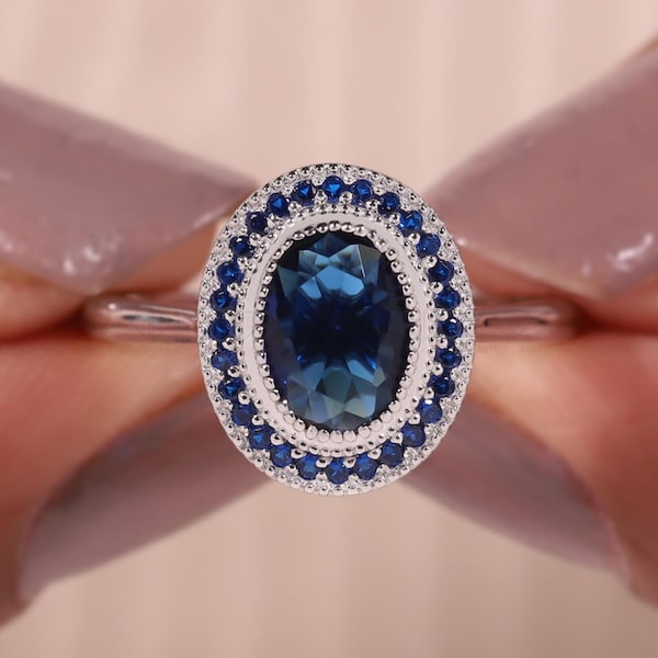 Blue Sapphire Oval Halo Engagement Ring Vintage Milgrain Bezel Ring September Birthstone Solid Gold Art Deco Ring Royal Anniversary Gift
