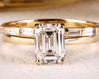 Classic Bridal Set, Emerald Cut IGI Certified Lab Grown Diamond Ring, East-West Set Diamond Bridal Ban, Baguette Diamond Matching Band Women