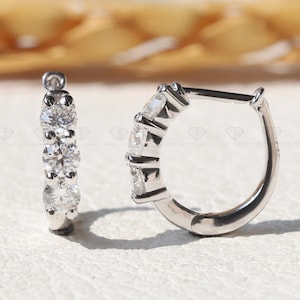 3 Lab Diamond Earring Mini Hoops Huggies, Three Stone Huggie Hoop Style Designer Earrings, 18k Solid Gold Unique Classy Secure Lock Earrings