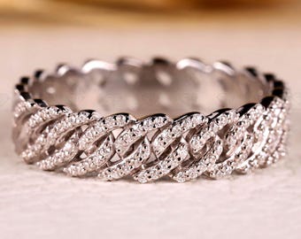 14k Solid Gold Lab Grown Diamond Pavé Cuban Curb Link Wedding Band Stack Ring, Dainty Wedding Ring Womens Minimal Ring, Cuban link gold ring