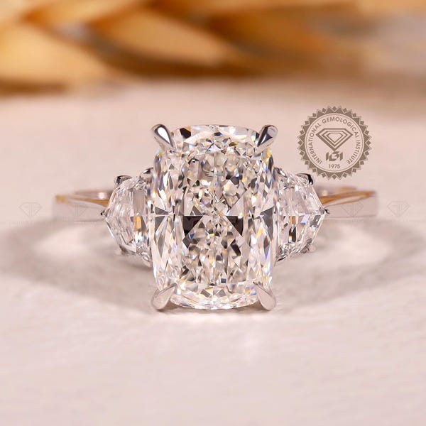 Three Stone Diamond Engagement ring Elongated Brilliant Cushion Cut Diamond ring Side Cadillac Diamond Anniversary Solid Gold Diamond ring