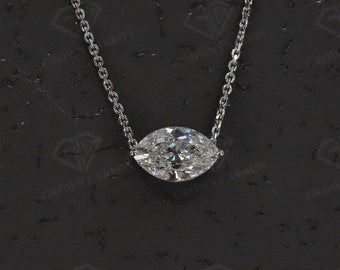 Marquise Lab Diamond Necklace, East West Set Marquise Solitaire Diamond Necklace, 18K White Gold Lab Grown Diamond Necklace | IGI Certified