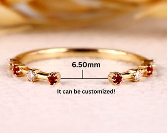14K Gold Ruby & Colorless Lab Diamonds Wedding Band, Open Spacer Band Dainty Everyday Pinky Ring Minimalist Guard Stack Cuff Rings, Gifts