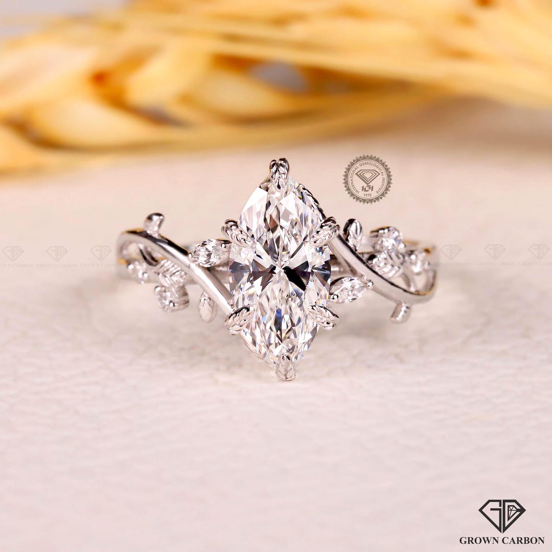 Vintage Lab Grown Diamond Marquise Cut Floral Engagement Ring Set Leaf ...