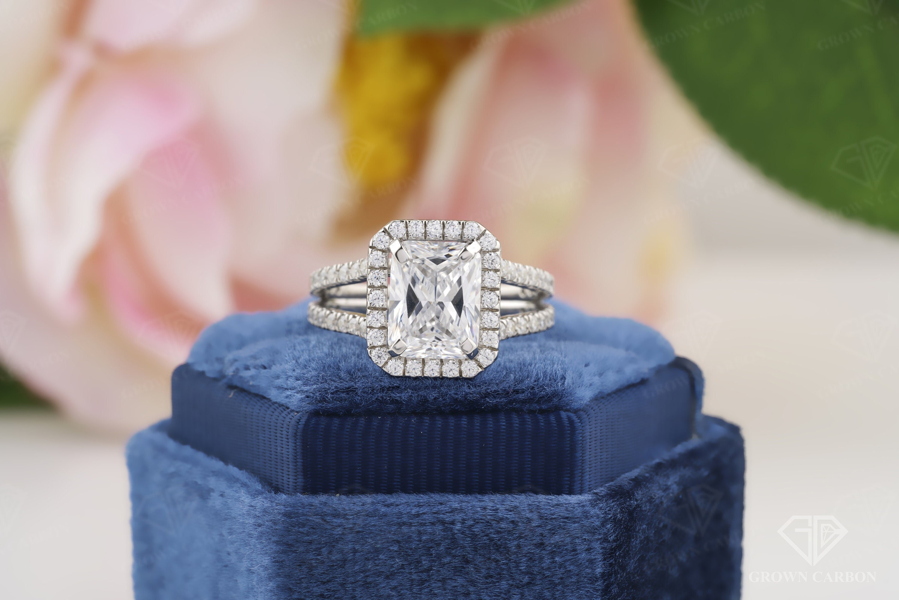2.50CT Radiant Cut Lab Diamond Ring, Split Shank Lab Diamond Halo Ring ...