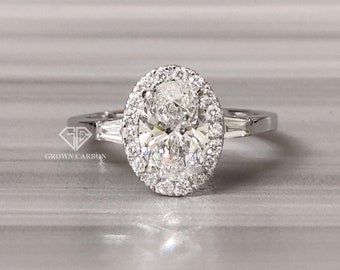 Oval Lab Grown Diamond Ring Oval Halo Engagement Ring Oval Cut Ring Tapered Baguette Accents Set in 14K White Gold Wedding Ring For Women