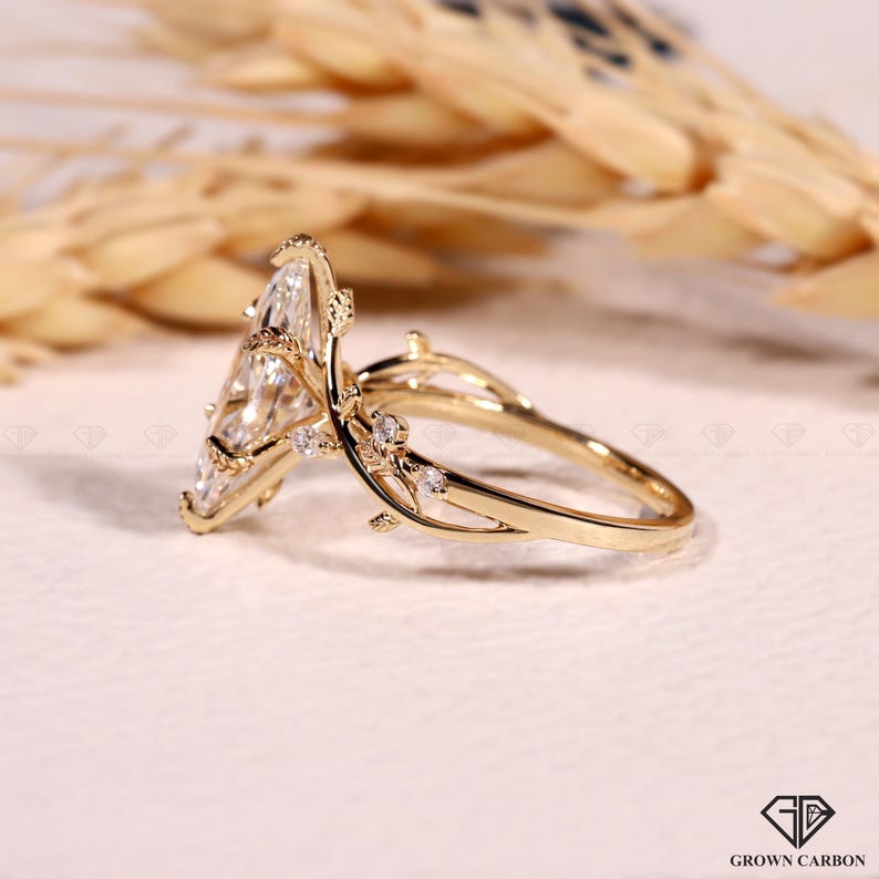 Vintage Marquise Cut Lab Grown Diamond Engagement Ring Set, Nature ...