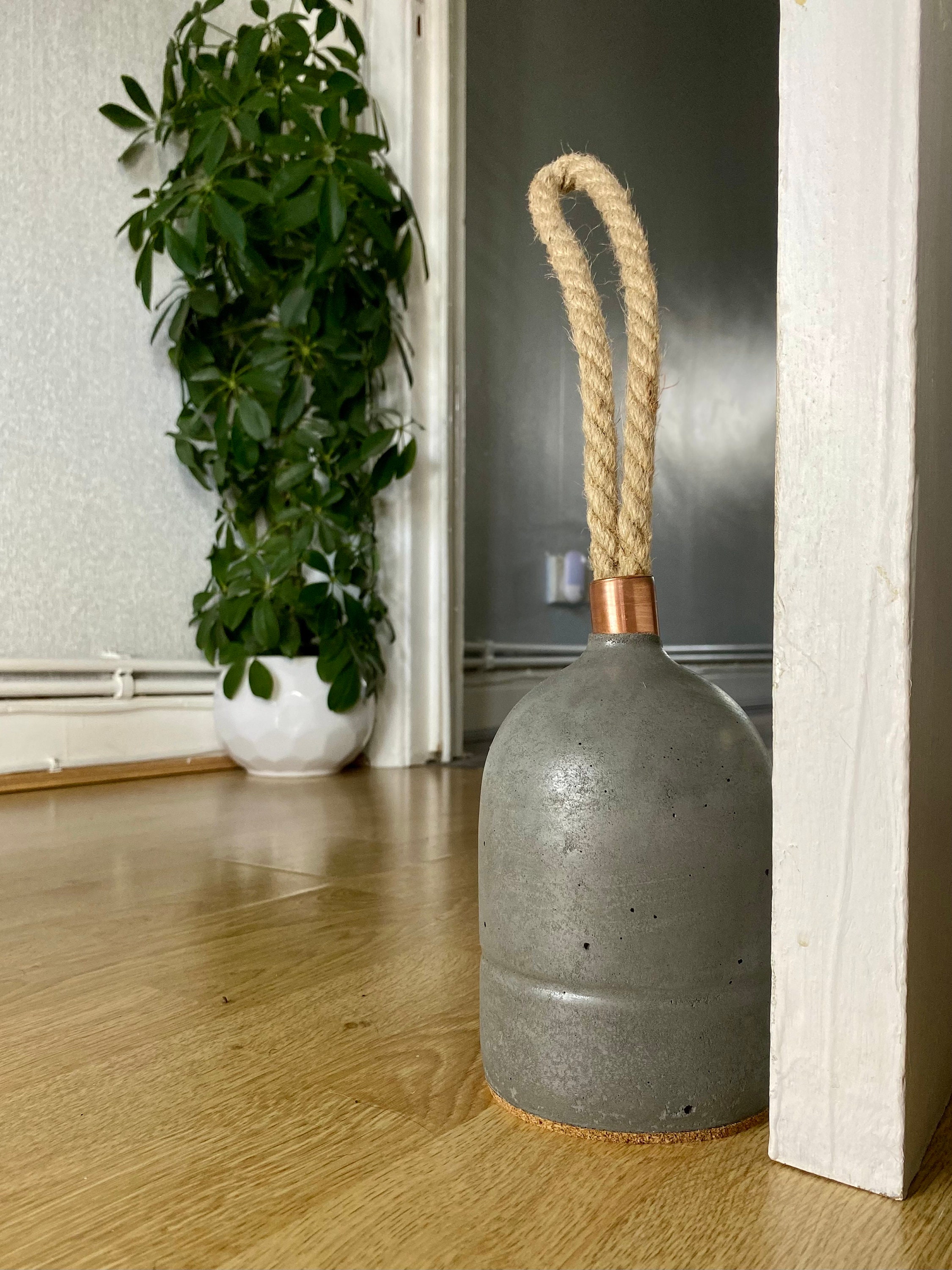 Handmade Dark Concrete Door Stop | Copper Pipe & Rope Handle