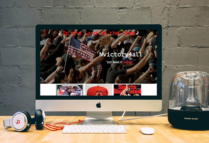 Puede incluir: Una pantalla de ordenador que muestra un sitio web con el texto "Nvictory4all" y el lema "Just make it happen". El sitio web presenta una foto de una multitud de personas levantando los pu&ntilde;os en el aire. El sitio web tambi&eacute;n presenta una foto de un jugador de b&eacute;isbol, una gorra de b&eacute;isbol roja y una portada de revista para Sports Illustrated.