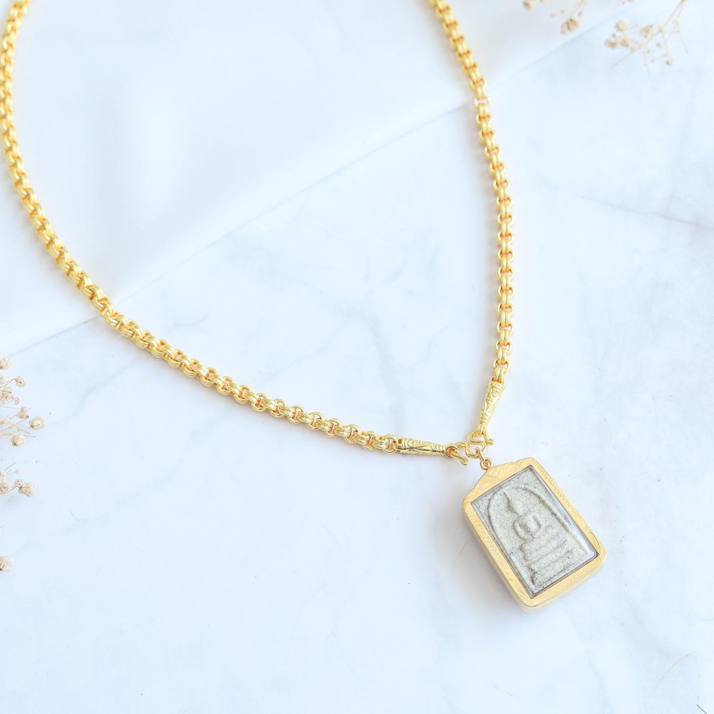 Thai Amulet Necklace - Pendant - 24K Gold Plated - Phra Somdej - Better Health, Blocking Disasters, Protection From Black Magic, Peace