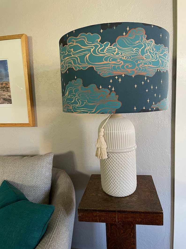 Blue Night Sky Lampshade: Handmade Cloud Drum Shade image 2