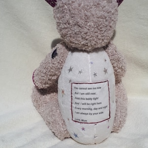 May include: A plush, light brown teddy bear with a white embroidered heart on its chest. The heart has a message that reads: "You cannot see me now But I am still near, Hold this teddy tight And I will be right here Every morning, day and night I am always by your side. Love, Mum".
