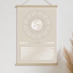 Maankalender 2026 Poster Beige // Boho Wandkalender met Maanfasen & Sterrenbeelden | Astrologie Wanddecoratie, Spiritueel Cadeau, Mindfulness