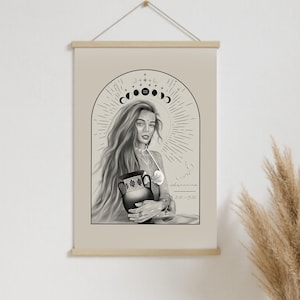 Affiche signe du zodiaque Verseau, illustration // Zodiaque, phases de lune, astrologie, cadeau, décoration, salon, décoration murale, bohème, art