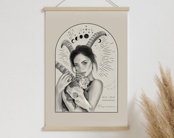 Sternzeichen Steinbock Poster, Illustration // Zodiak, Mondphasen, Astrologie, Geschenk, Deko, Wohnzimmer, Wanddeko, Boho, Kunst