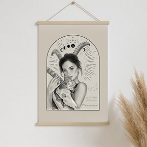 Znak zodiaku Koziorożec plakat, ilustracja //Zodiak, fazy księżyca, astrologia, prezent, dekoracja, salon, dekoracja ścienna, Boho, sztuka