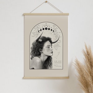 K&ouml;nnte beinhalten: Eine Schwarzwei&szlig;illustration einer Frau mit einem Stierkopf, umgeben von einem Halbmond und Sternen. Der Text "Taurus 21.04 - 20.05" befindet sich unter der Illustration.