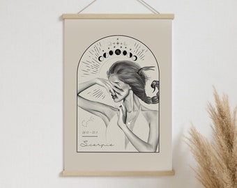 Sternzeichen Skorpion Poster, Illustration // Geschenk, Mondphasen, Astrologie, Deko, Wohnzimmer, Wanddeko, Boho, Kunst
