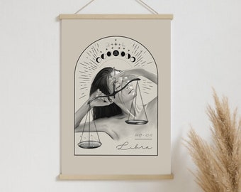 Sternzeichen Waage Poster, Illustration // Zodiak, Mondphasen, Astrologie, Geschenk, Deko, Wohnzimmer, Wanddeko, Boho, Kunst