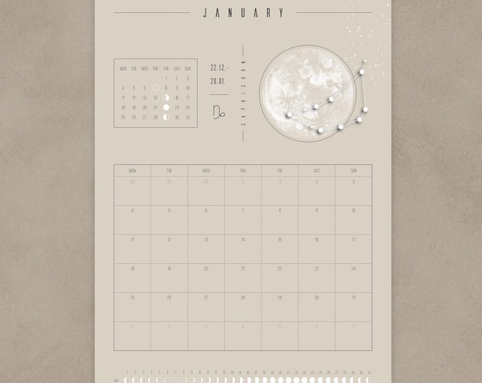 2027 Moon Calendar Beige // Minimalist Wall Calendar, Moon Phase Poster, Astrology Calendar Boho, Zodiac Sign Decor, Full Moon Wall Art