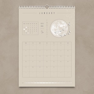 Kalendarz księżycowy 2026 Beżowy // Minimalistyczny kalendarz ścienny, plakat z fazami księżyca, kalendarz astrologiczny Boho, dekoracja ze znakiem zodiaku, sztuka ścienna z pełnią księżyca zdjęcie 1