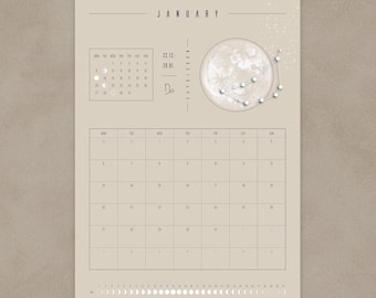 Moon Calendar 2026 Beige // Minimalist Wall Calendar, Moon Phase Poster, Astrology Calendar Boho, Zodiac Sign Decoration, Full Moon Wall Art