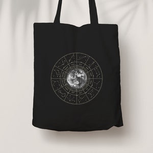 Sac Zodiaque // Lune // Astrologie, Illustration, Constellations, Cadeau, Sac en coton biologique noir équitable, Impression d'art, Luna, Eco