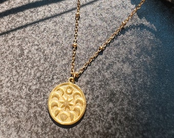 filigree moon phase necklace with earrings gold, silver // brass, design jewelry, unique, boho, antique