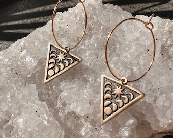 Moon phase triangle hoop earrings gold, silver // brass earrings, design jewelry, modern shape, antique