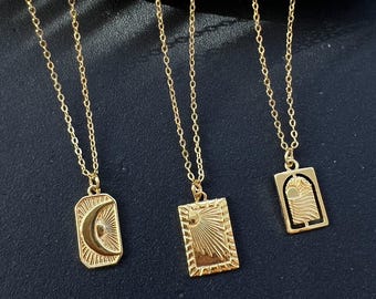 Tarot Necklace Set Sun & Moon Gold | Spiritual Jewelry | Boho Necklace | Antique Mystical Symbol Pendant