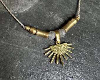 Sun necklace moonstones labradorite boho // brass, gold, design jewelry, unique, antique, adjustable
