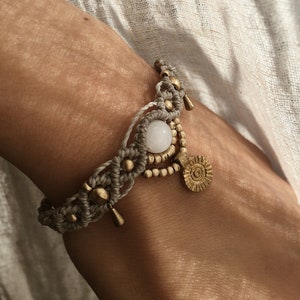 Macrame Boho Gold Bracelet with Gemstone & Sun Pendant // Adjustable | Summer Festival Jewelry | Unique