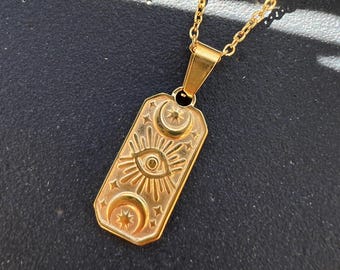 Tarot Necklace Eye & Moon Gold | Spiritual Jewelry | Boho Necklace Stainless Steel | Antique Mystical Symbol Pendant | Festival