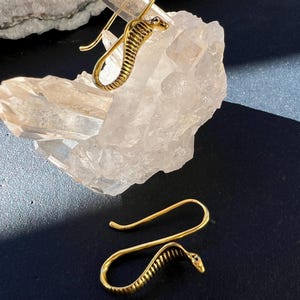 Op de afbeelding: Een paar goudkleurige cobra-oorbellen. De oorbellen hebben een gedetailleerd ontwerp van cobra-kop en -lichaam. De oorbellen worden gepresenteerd op een helder, kristallijn oppervlak met een donkere achtergrond.