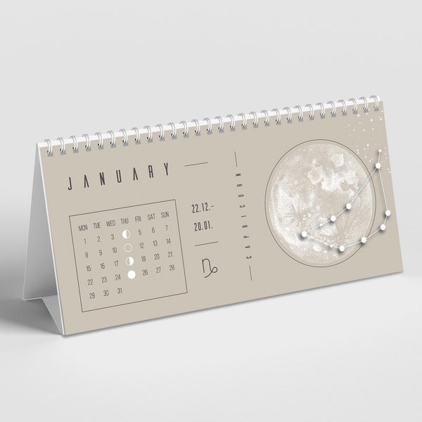 Mondkalender 2024 Beige Tischkalender //  Mondphasen, Astrologie, Terminkalender, Jahresplaner, Journal, Boho, Schreibtisch, Deko