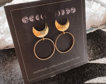 Moon earrings stud circle gold brass // simple, designer jewelry, modern shape, antique