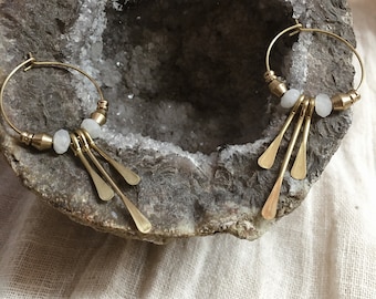 Waterfall moonstone labradorite hoop earrings brass // earrings gold, design jewelry, modern shape, antique