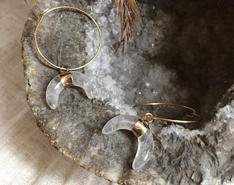 Orecchini a cerchio mezzaluna pietre preziose ottone // orecchini oro, gioielli di design, forma moderna, antichi