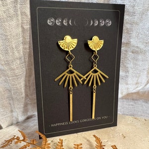 Sun earrings plug brass long // gold, boho, design jewelry, modern shape, antique