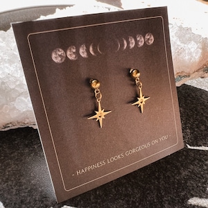 Filigree earrings stud star brass compass needle// gold, simple, design jewelry, modern shape, antique