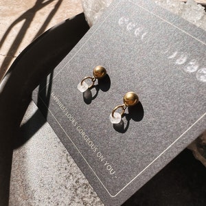 Filigree earrings studs gemstone discs brass ball // gold, simple, designer jewelry, modern shape, antique