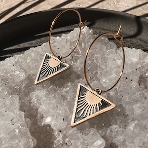 Sun Hoop Earrings Boho Triangle Gold & Silver // Geometric Shape | Summer Jewelry | Ethno Hippie Style Antique
