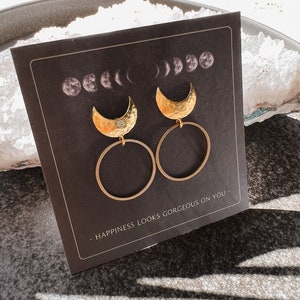 Moon earrings stud circle gold brass // simple, designer jewelry, modern shape, antique