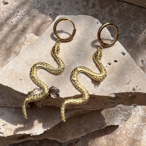 Snake Hoop Earrings Gold Medusa // Boho Earrings, Designer Jewellery, Modern Shape, Antique