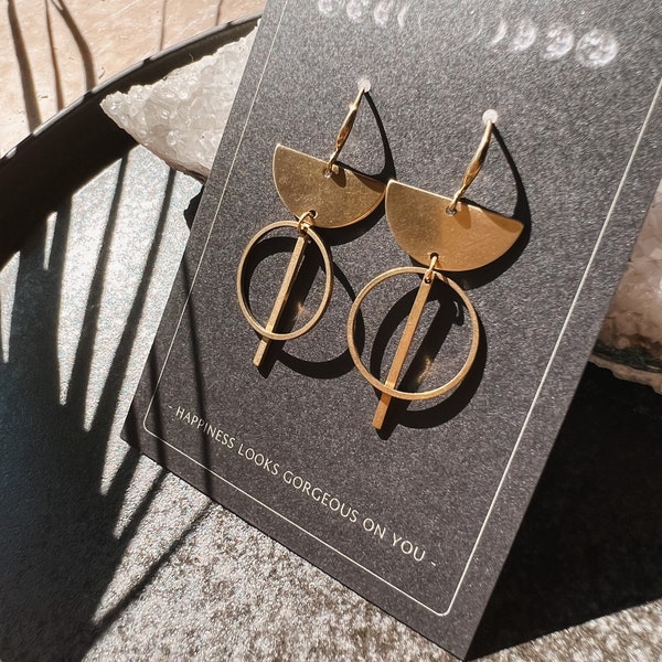 Moon phase earrings hanging gold // brass, unique, design jewelry, modern shape, antique