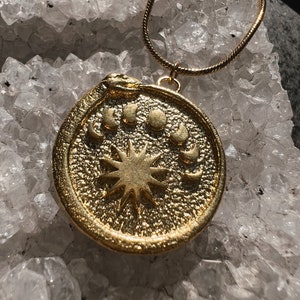 Moon Phase Sun Snake Coin Necklace Round Gold Silver Boho // Design jewelry, unique, antique