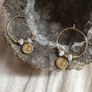 Sun moonstone labradorite hoop earrings brass // earrings gold, design jewelry, modern shape, antique